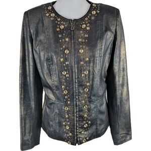 Choices Petite Jacket Size Medium Full Zip Distressed Metallic Gold Embellished